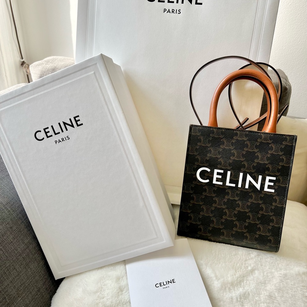 CELINE Triomphe Canvas Calfskin Mini Vertical bag in Cabas Tan